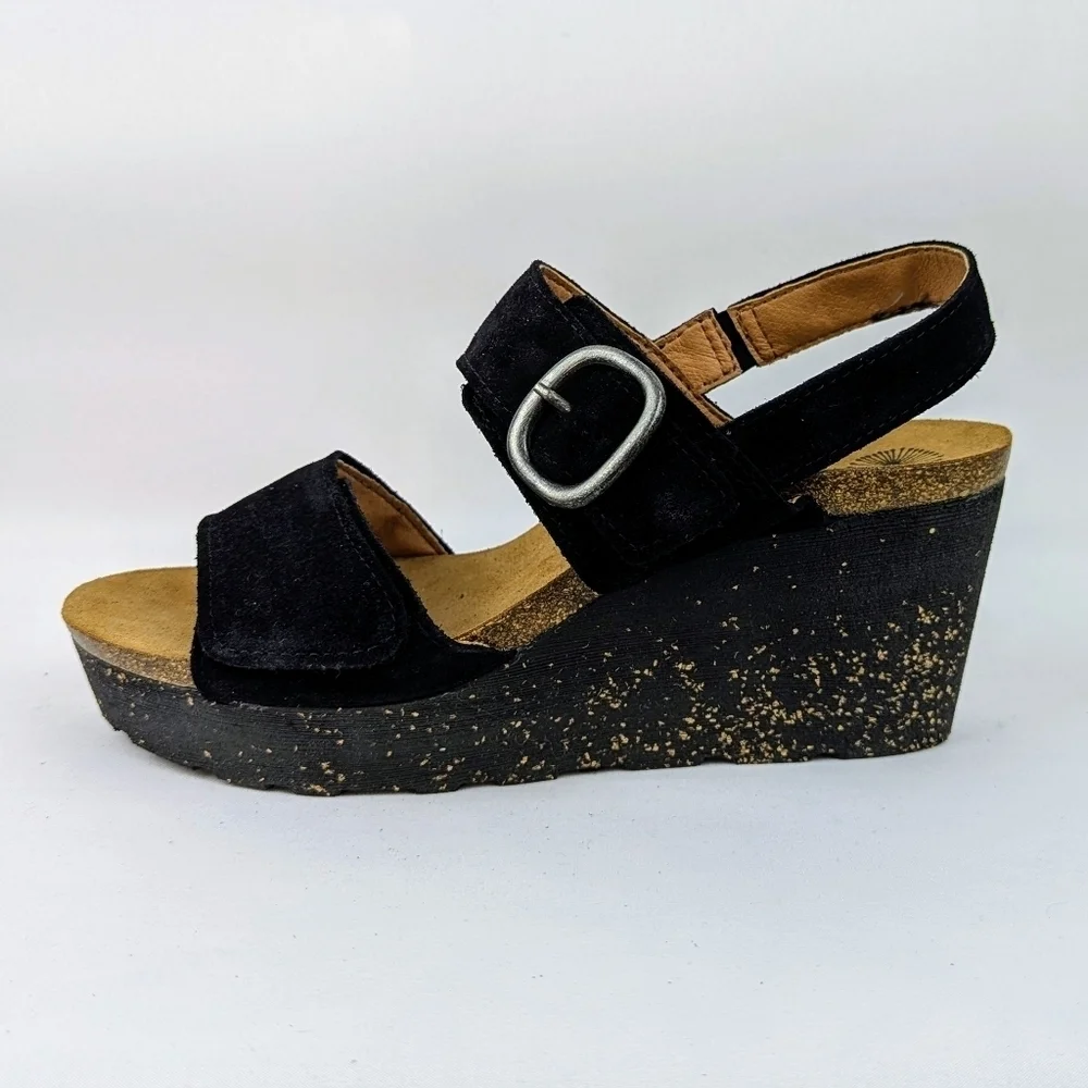 OTBT Peasant Wedge Platform Slingback Sandal Suede Leather Black 9.5M NIB